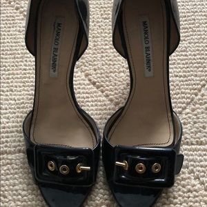 Manolo Blahnik black patent leather buckle sandals